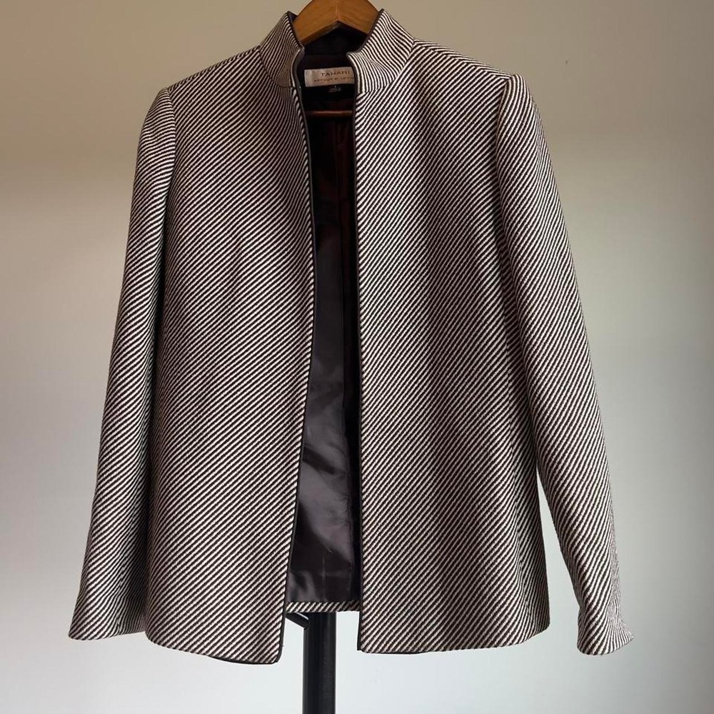 Tahari Arthur S Levine Striped Mock Neck Open Front Blazer Jacket Size 6